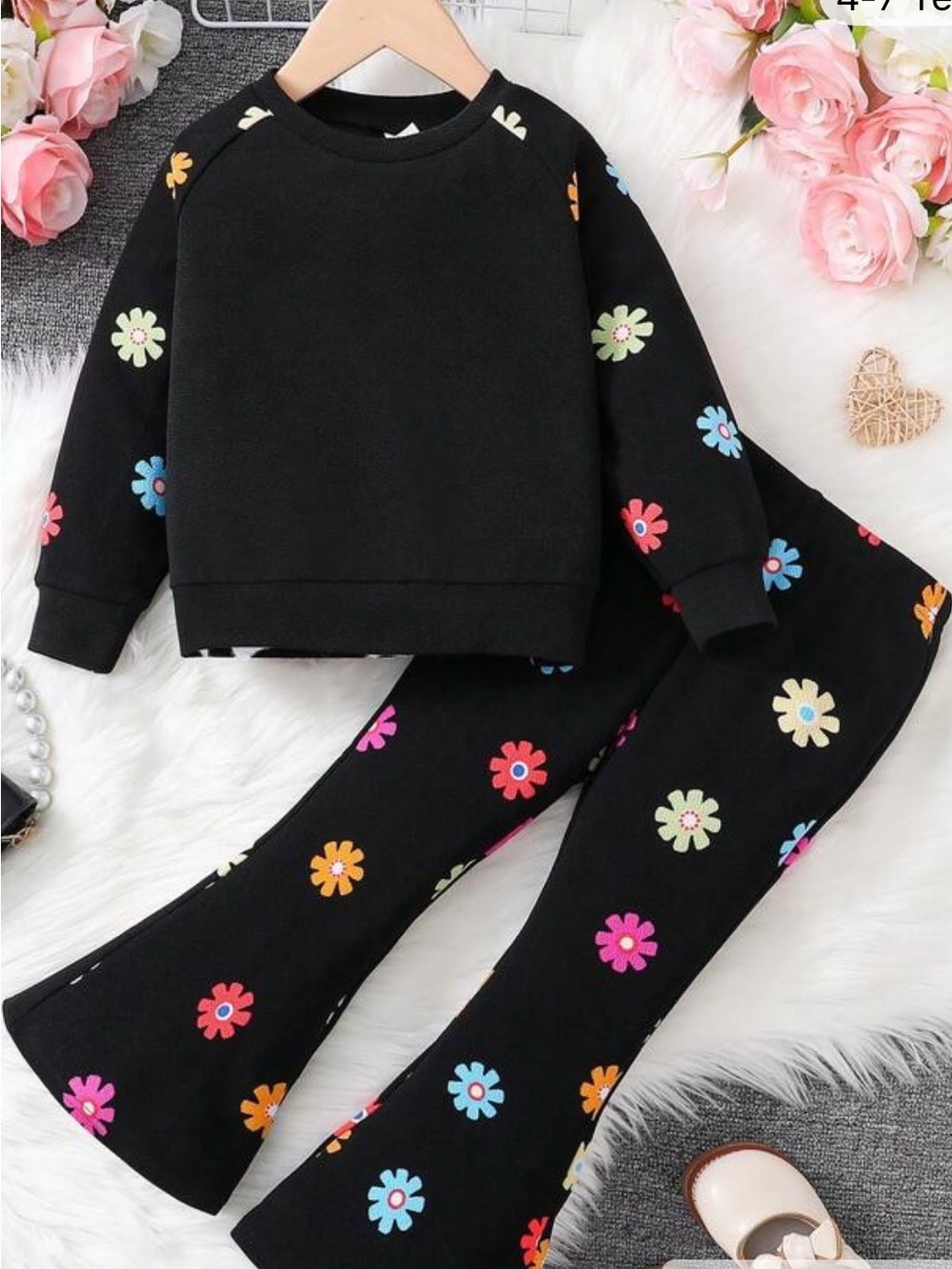 Kids Black Floral Set - Colorful Daisy Print